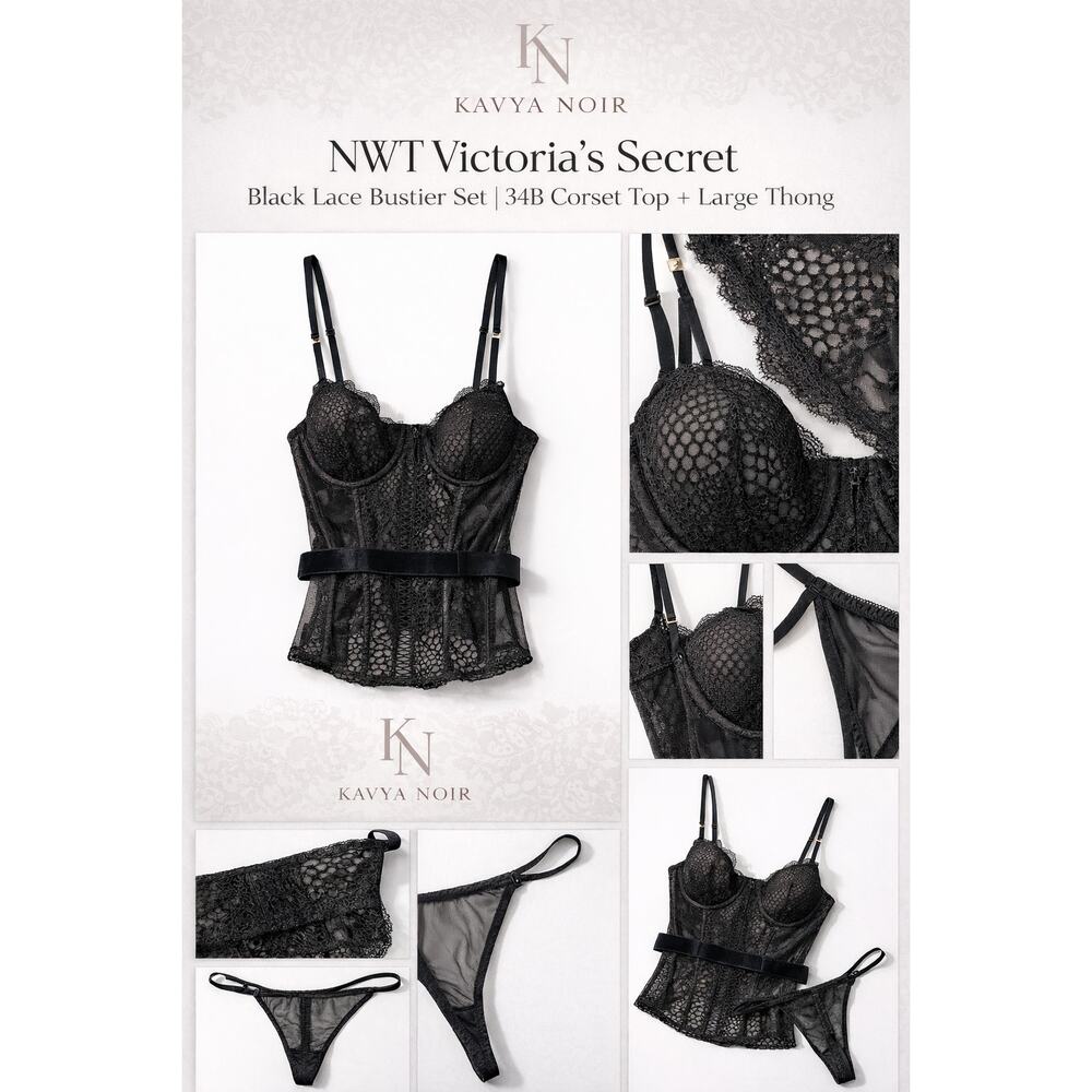 NWT Victoria’s Secret Black Lace Bustier Set | 34B Corset Top + Large Thong